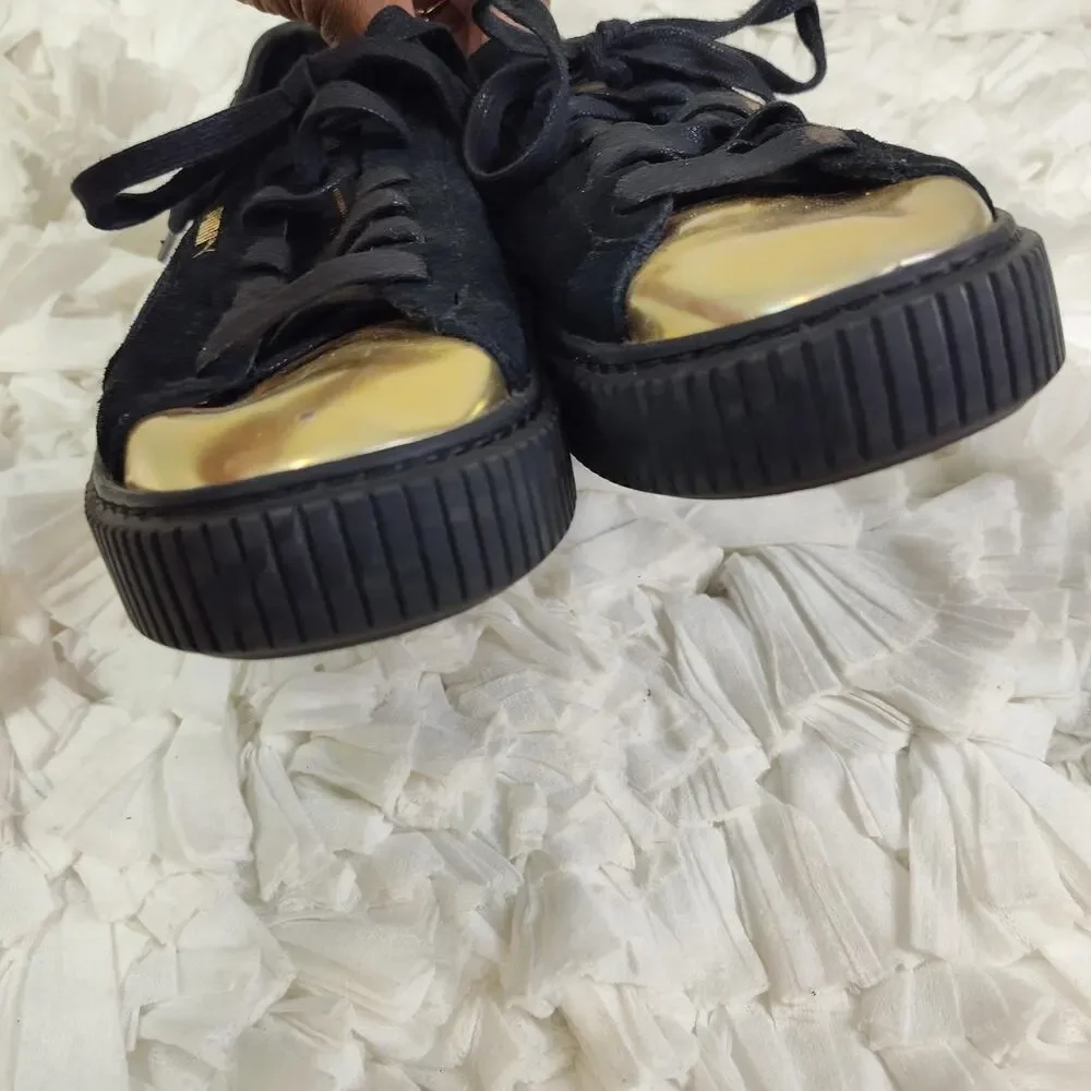 Puma Basket Low Top Shoes Womens Size 8.5 Black Suede Gold Metallic Toe Cap